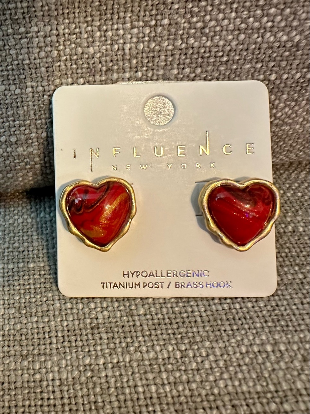 Red Puffed Heart Stud Earrings — Gold Tone